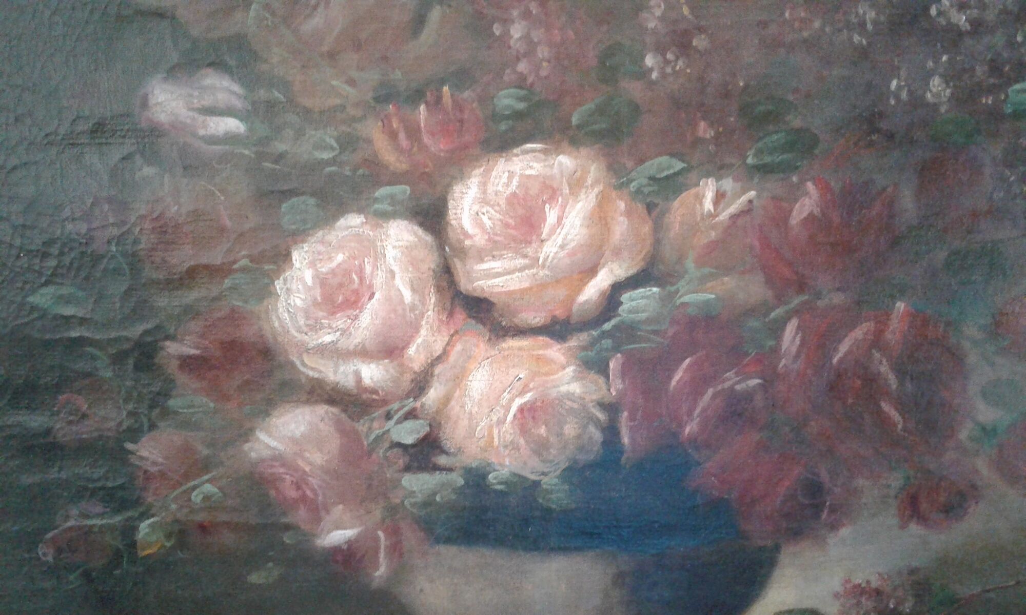 Painting still life with bouquet of roses and lilacs