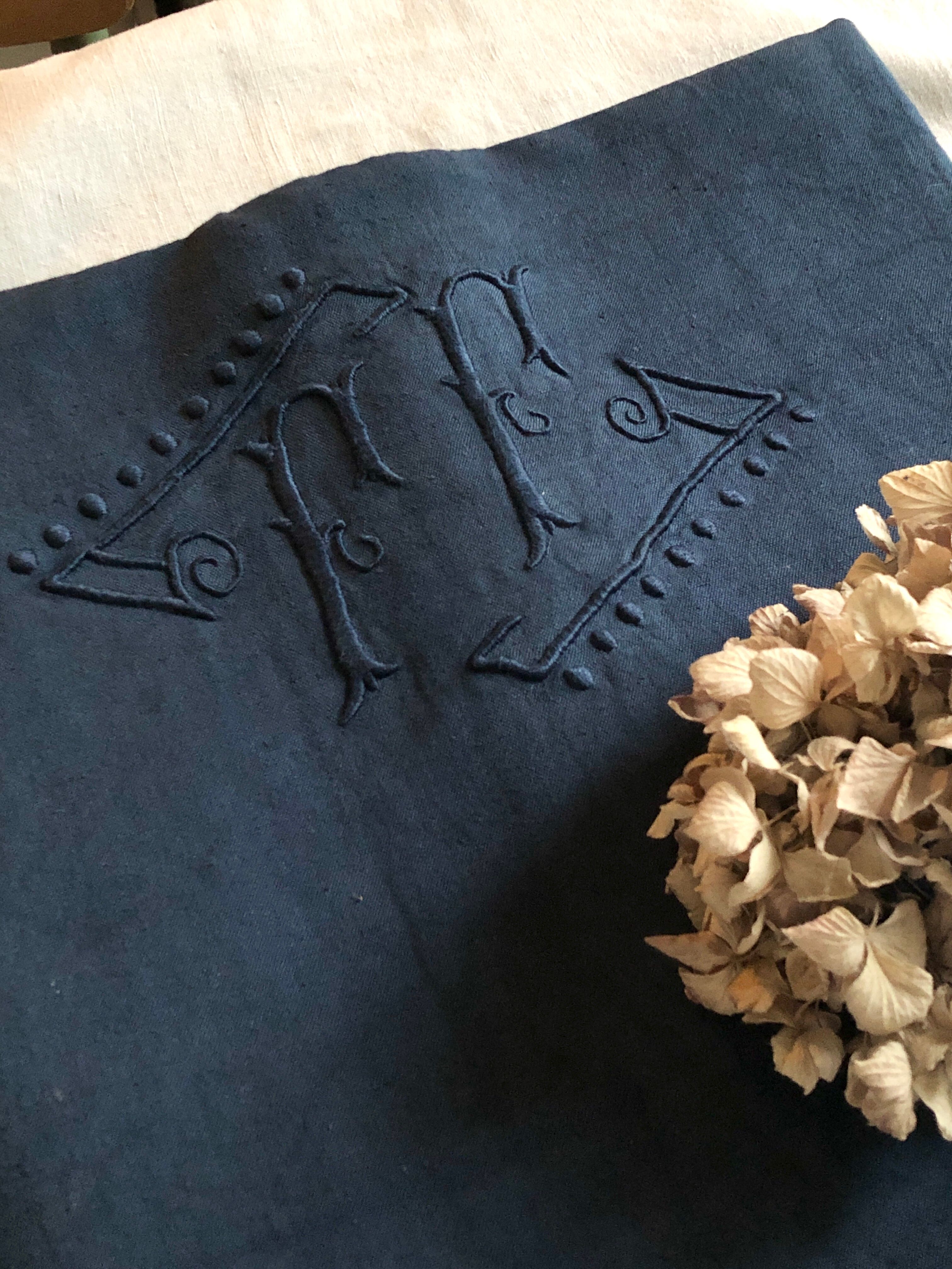 Old linen and cotton sheet dyed in night blue