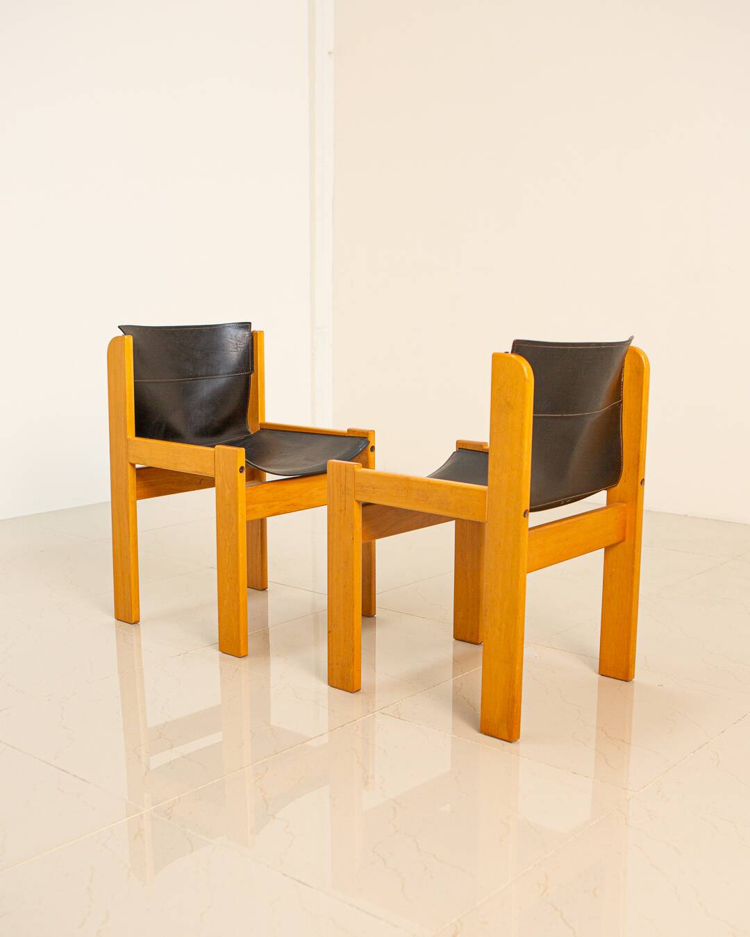Set of 4 Italian chairs in wood and leather by Ibisco 70's