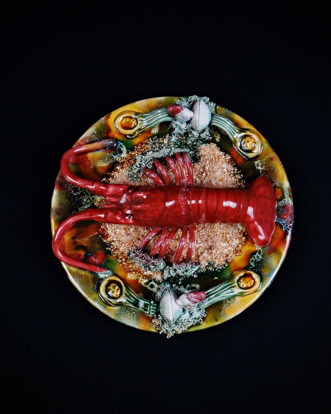Lobster plate in Caldas da Rainha earthenware slip Palissy majolica