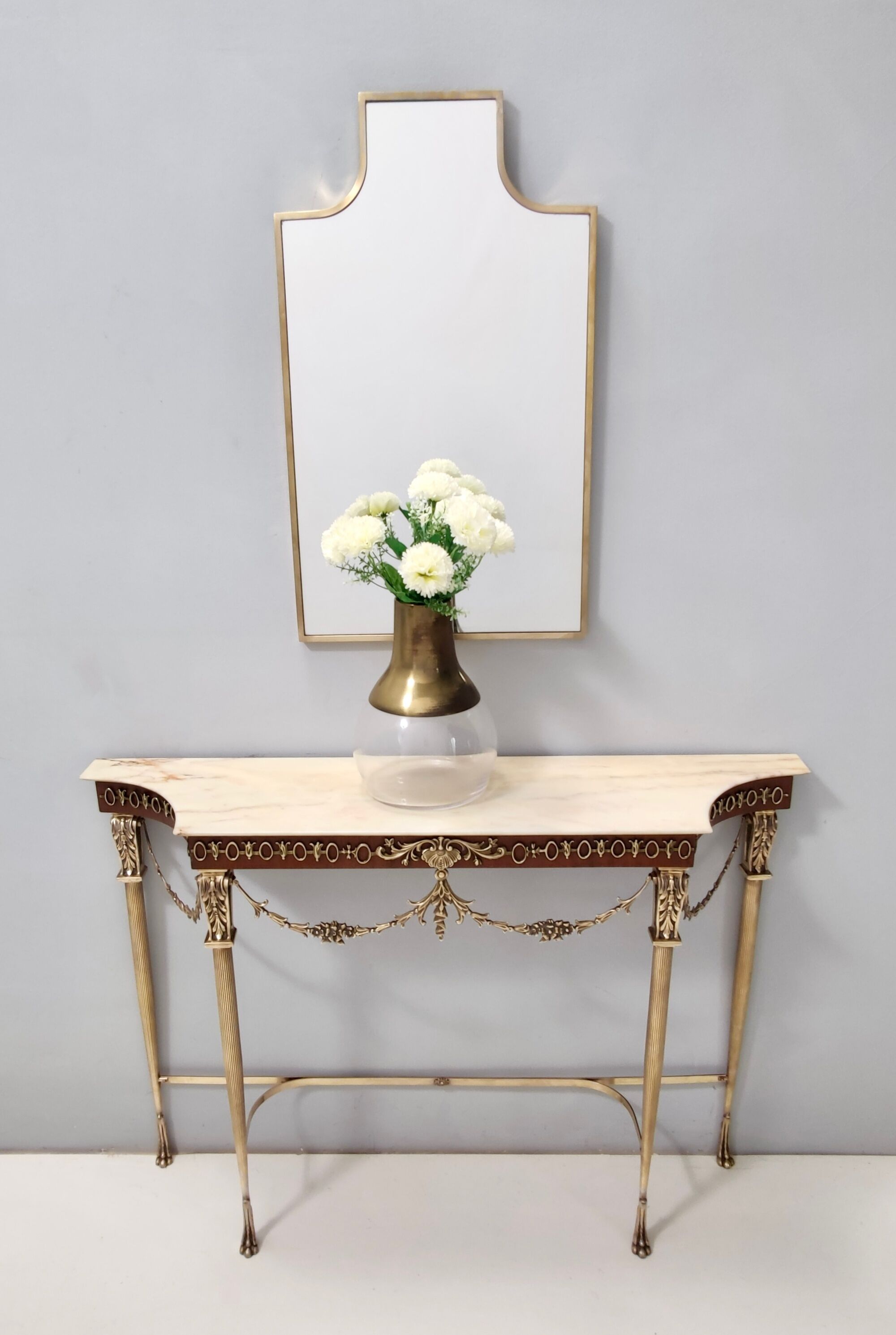 Vintage walnut console with a portuguese pink marble top and brass frame, italy