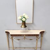 Vintage walnut console with a portuguese pink marble top and brass frame, italy