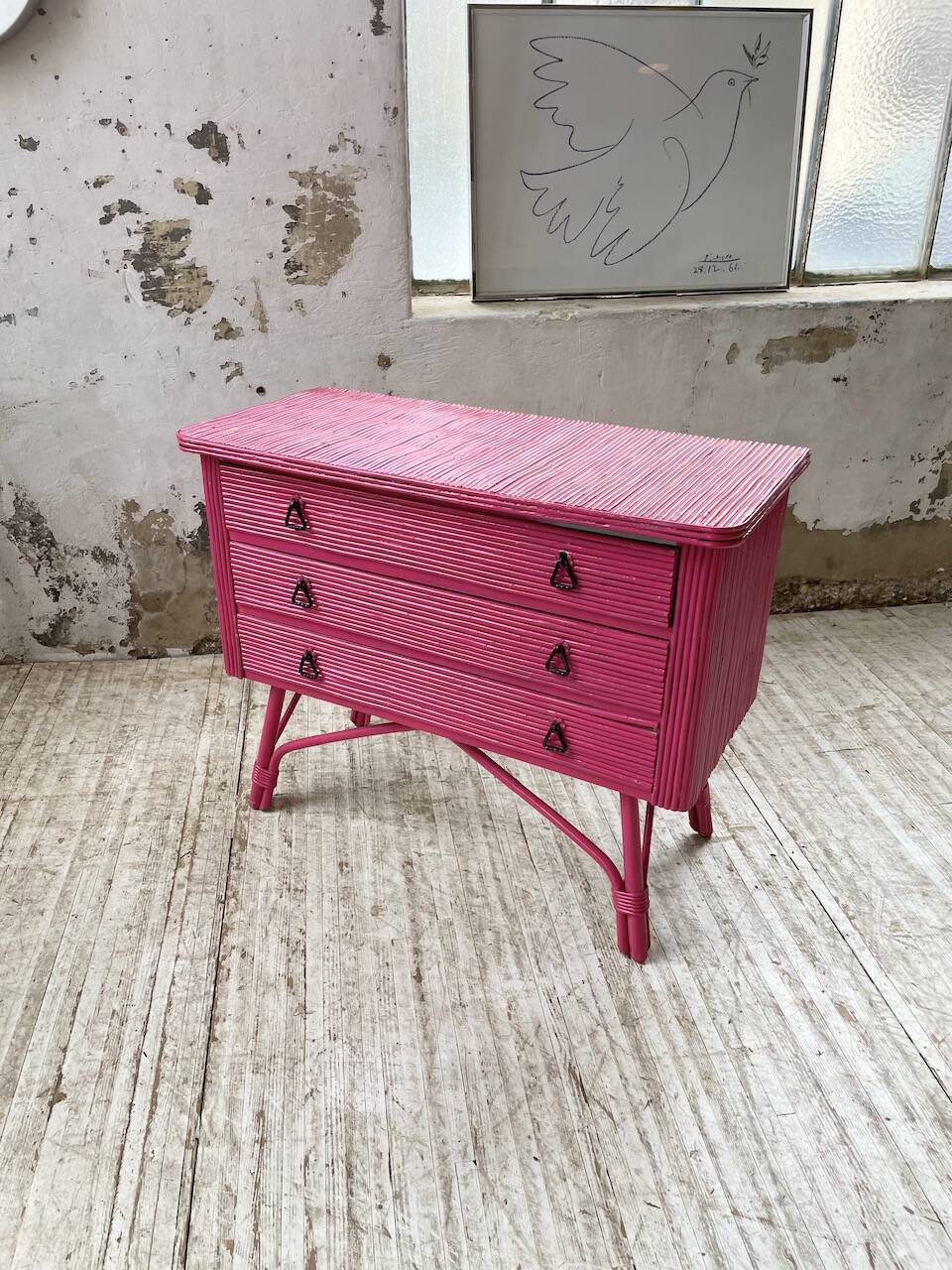 Vintage pink rattan chest of drawers