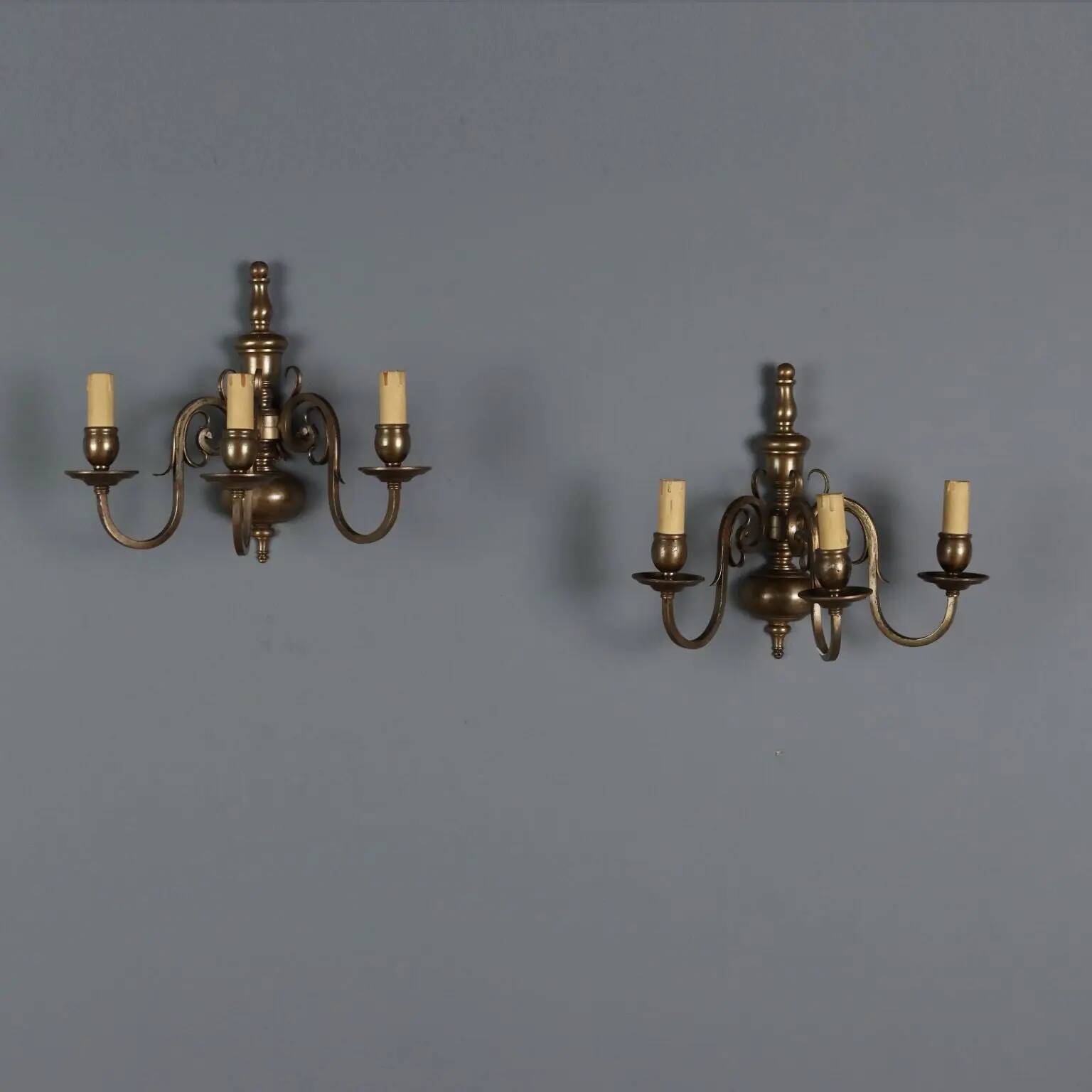 Antique bronze wall sconces with 3 lights, decorations from Italy, 20th century.