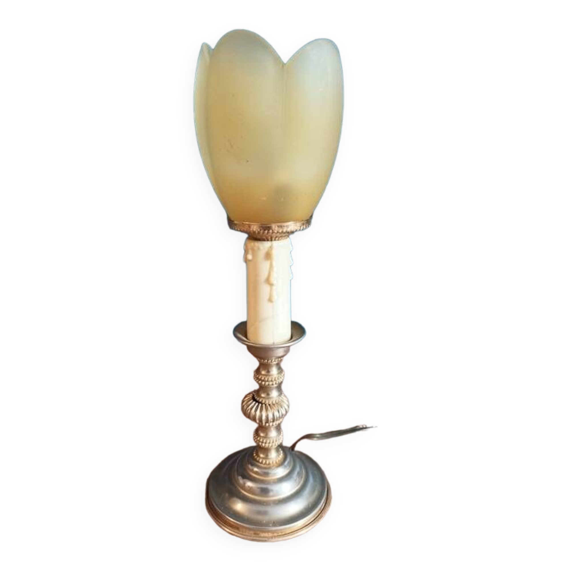 Bedside lamp candle holder gold metal base tulip frosted glass
