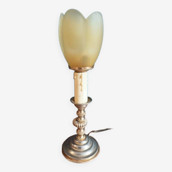Lampe chevet bougeoir base métal doré tulipe verre dépoli
