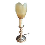 Bedside lamp candle holder gold metal base tulip frosted glass
