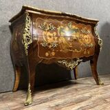 Curved Sauteuse chest of drawers stamped in precious wood marquetry Louis XV style circa 1850