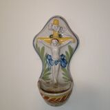 Holy water font in polychrome high-fire earthenware from Islettes, 18th century