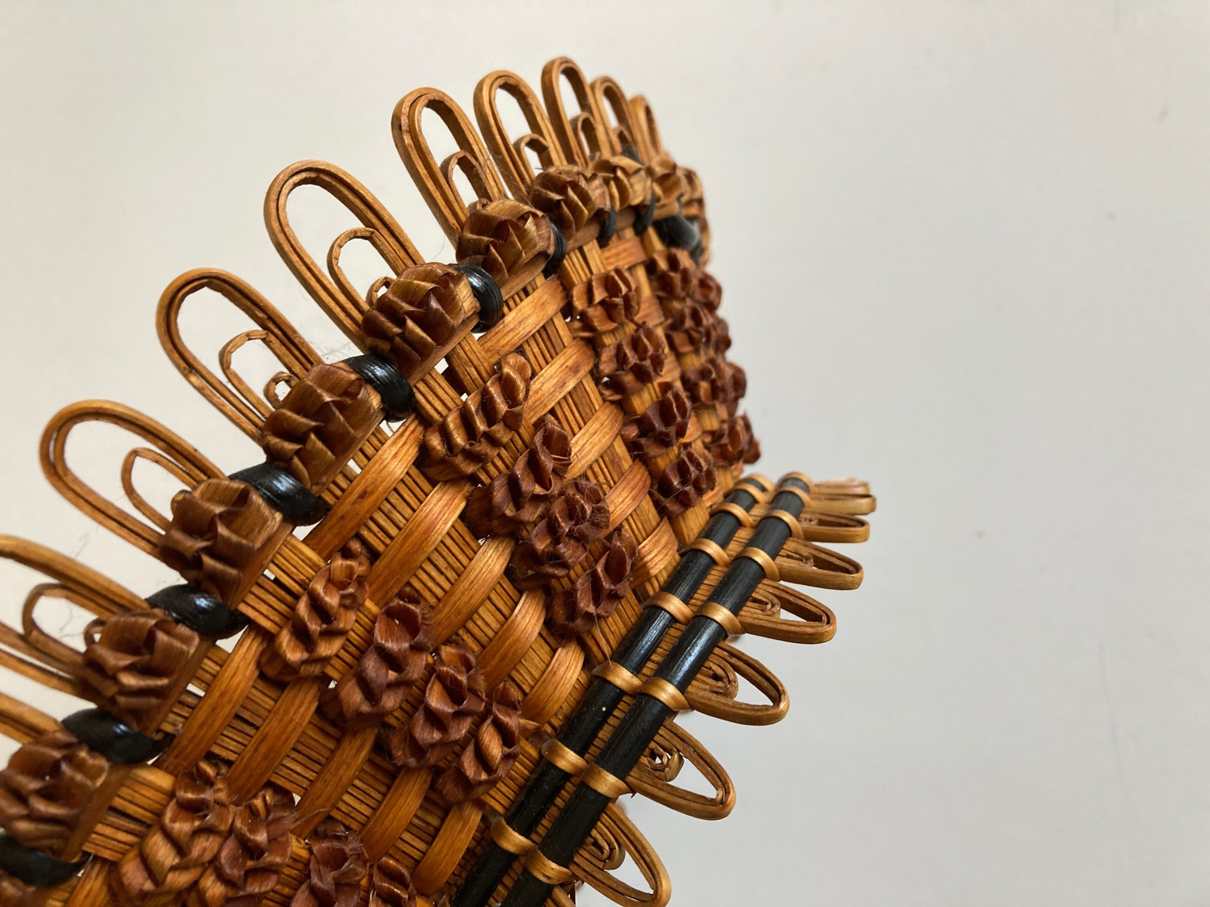 19th-century wicker basket embroidered by folk artisans.
