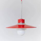 Red metal and glass Danish ceiling light, mid-century Memphis-inspired pendant with opal globe