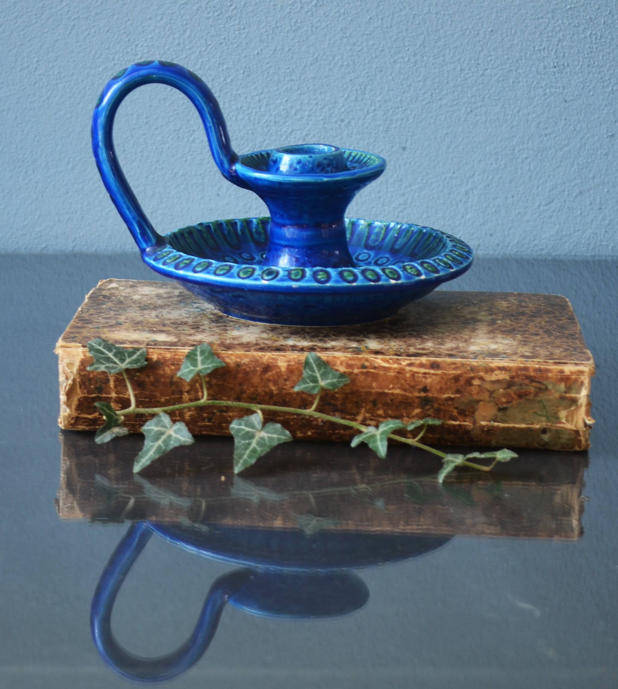 Mid Century Bitossi Aldo Londi Rimini Blue Chamber Candle Holder Painted in Blu