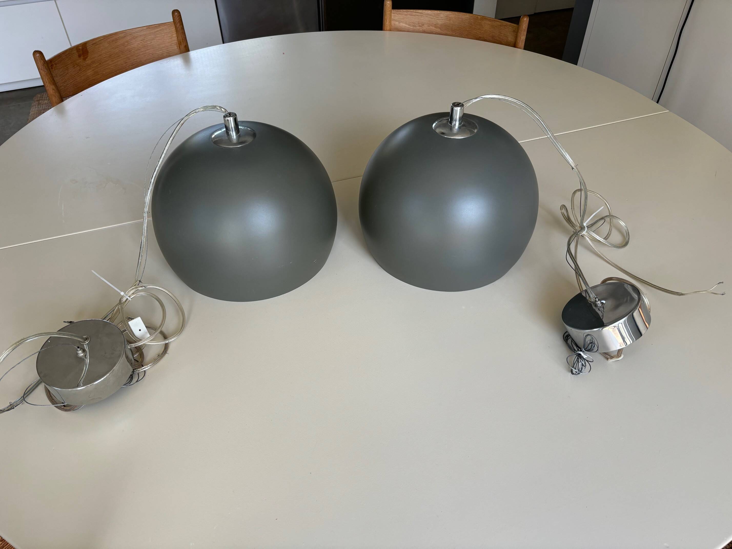 2 round metal pendant lights, Sweden 1980s
