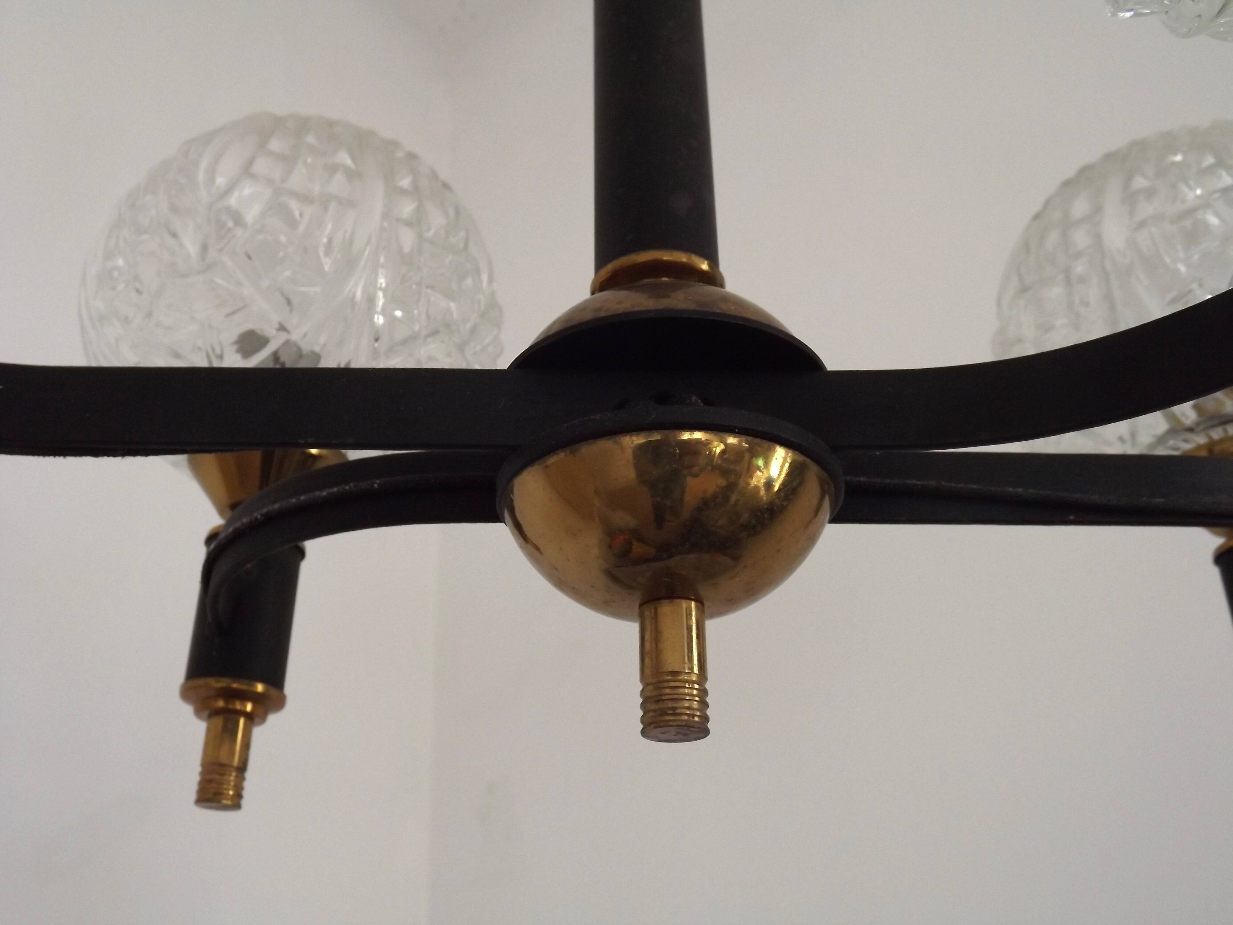 French Vintage Retro Mid Century Black & Gold 4 Arm Chandelier with Glass Shades 5015