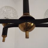 French Vintage Retro Mid Century Black & Gold 4 Arm Chandelier with Glass Shades 5015