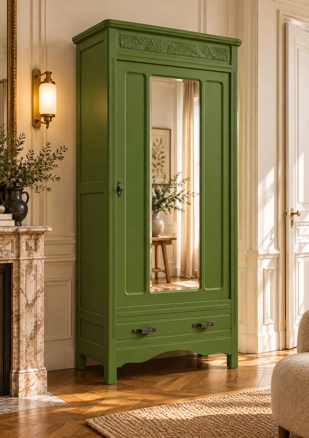 Renovated Art Deco Parisian wardrobe in khaki with original mirror.