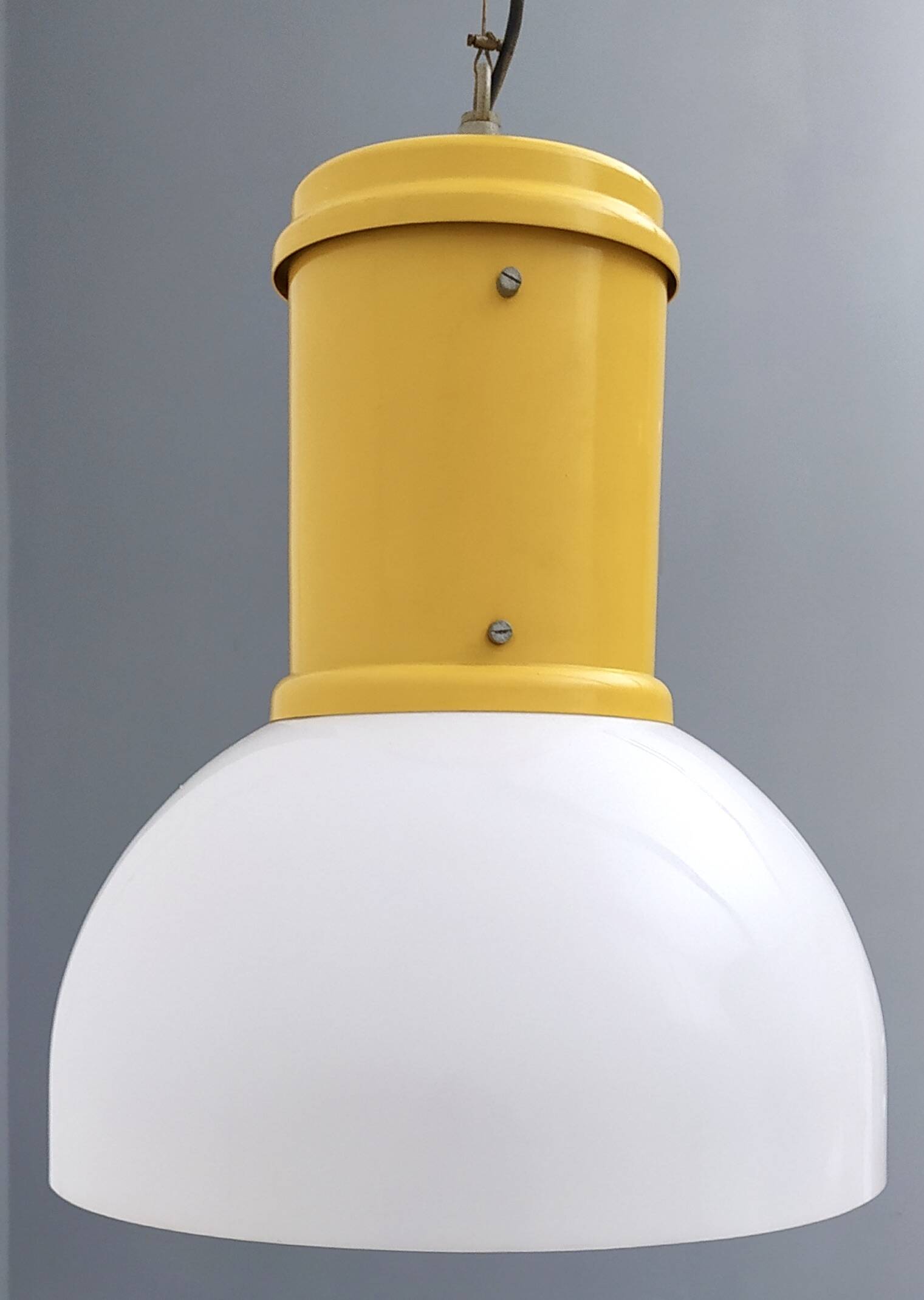 Industrial White Plexiglass and Yellow Varnished Aluminum Pendant, Italy