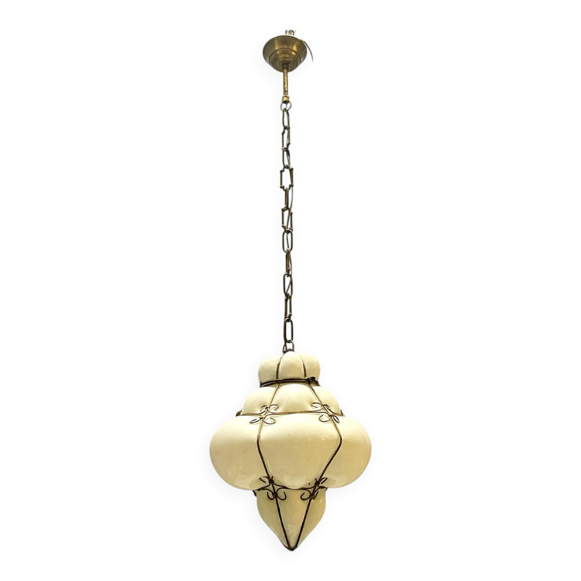Murano Opaline Glass Pendant Light in Wrought Iron Frame, Italy, Mid-C