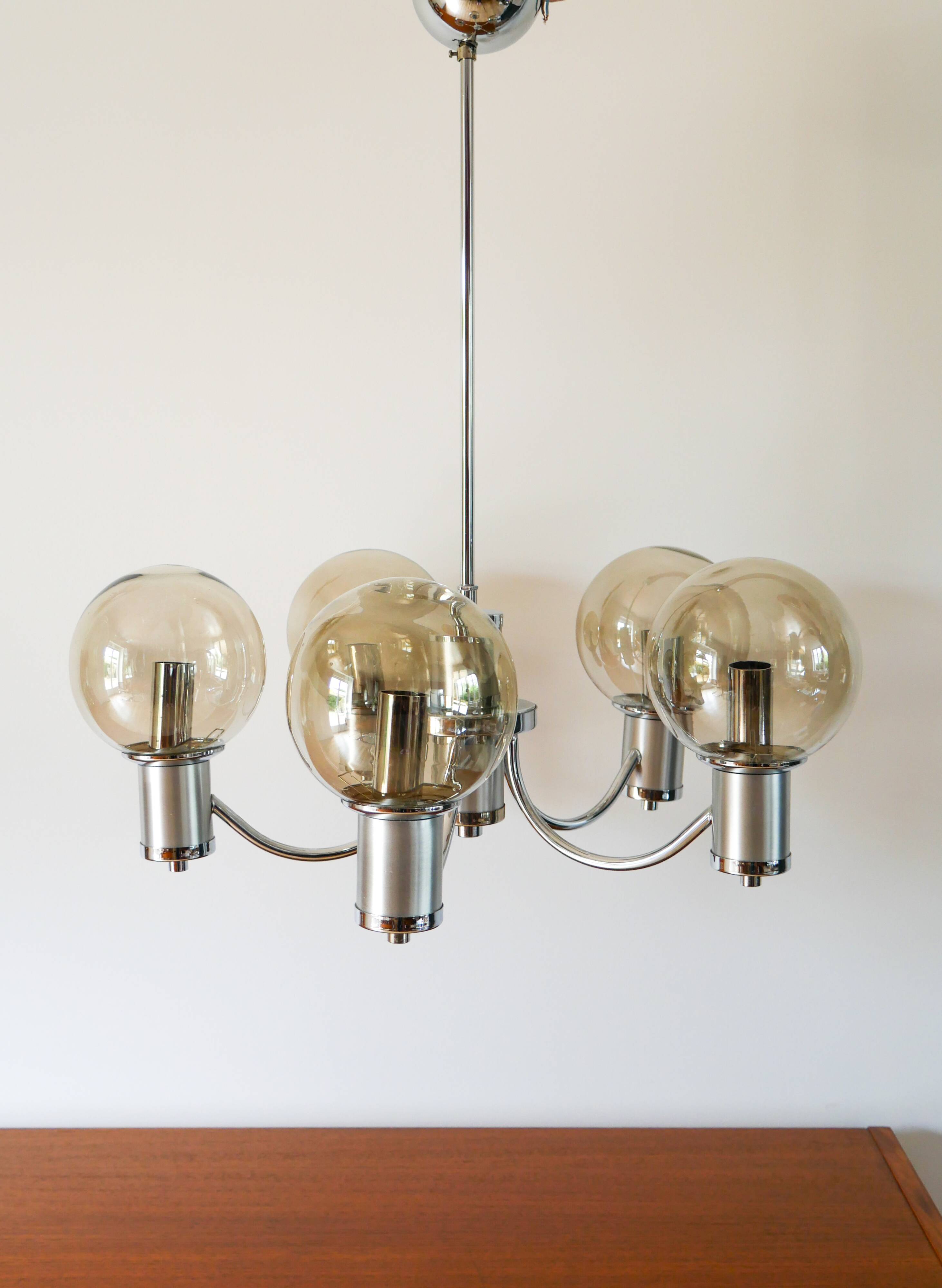 Five-branched chandelier, in chrome and smoked glass globes, Design, 1970