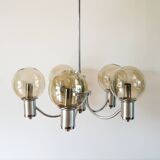 Five-branched chandelier, in chrome and smoked glass globes, Design, 1970