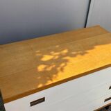 1970s chest of drawers in oak, brass and off-white veneer