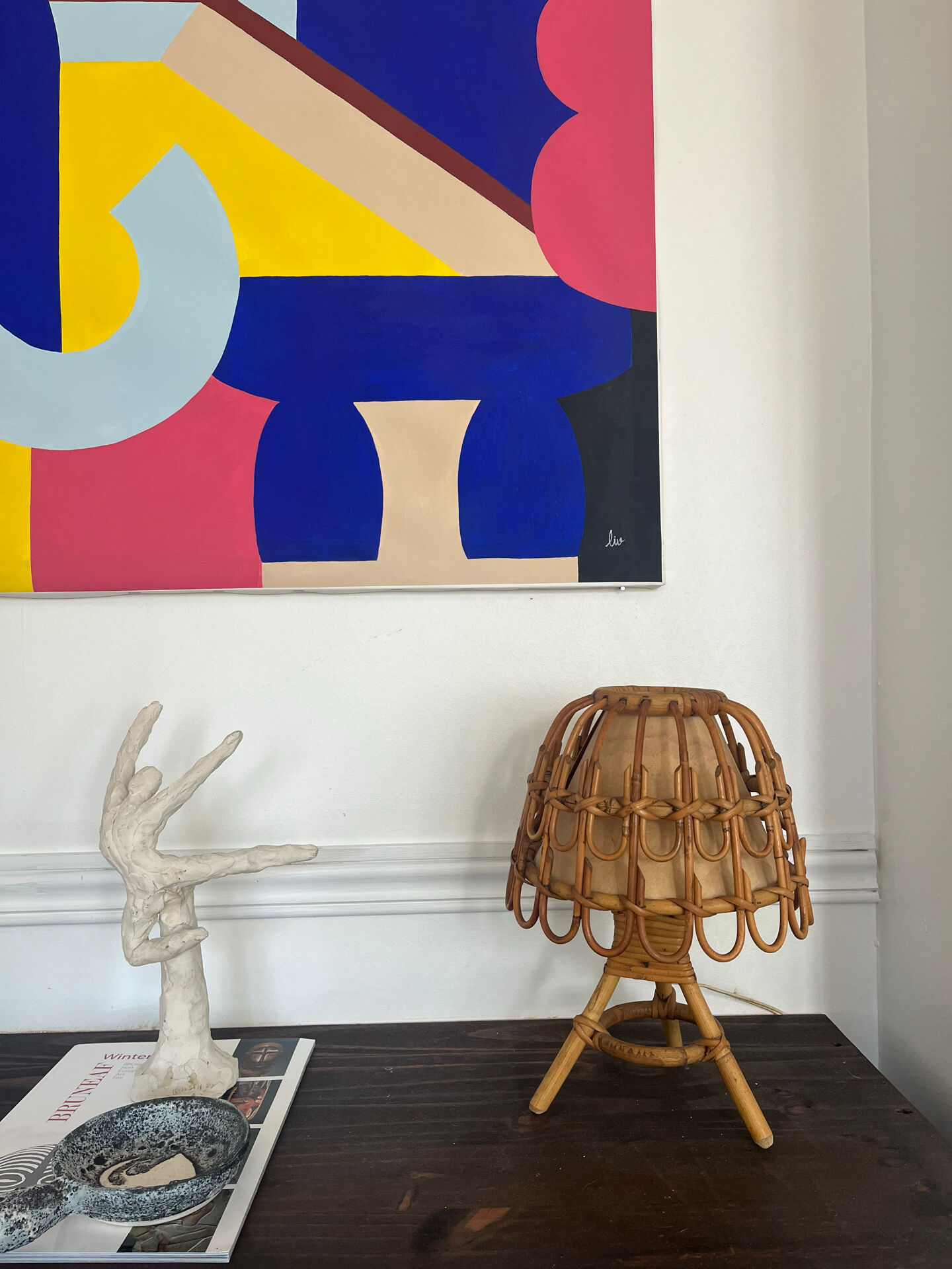 Lampe en rotin Louis Sognot années 1960