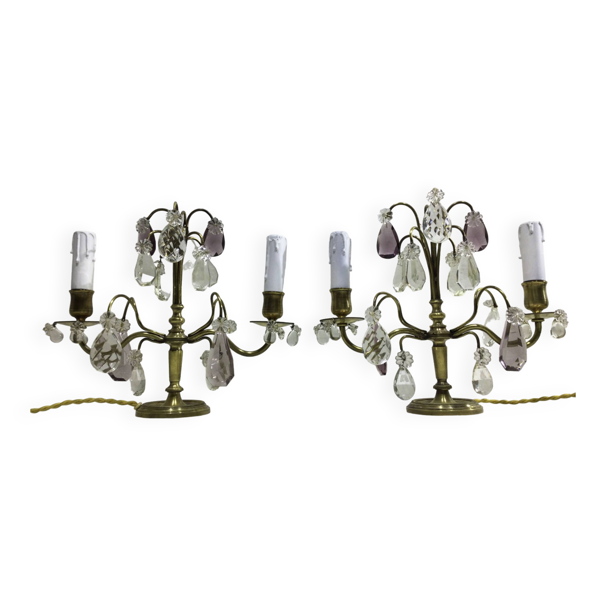 Pair of girandole lamps in bronze and crystal