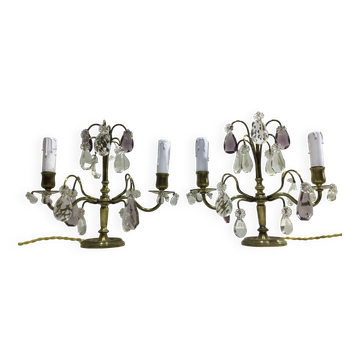 Pair of girandole lamps in bronze and crystal