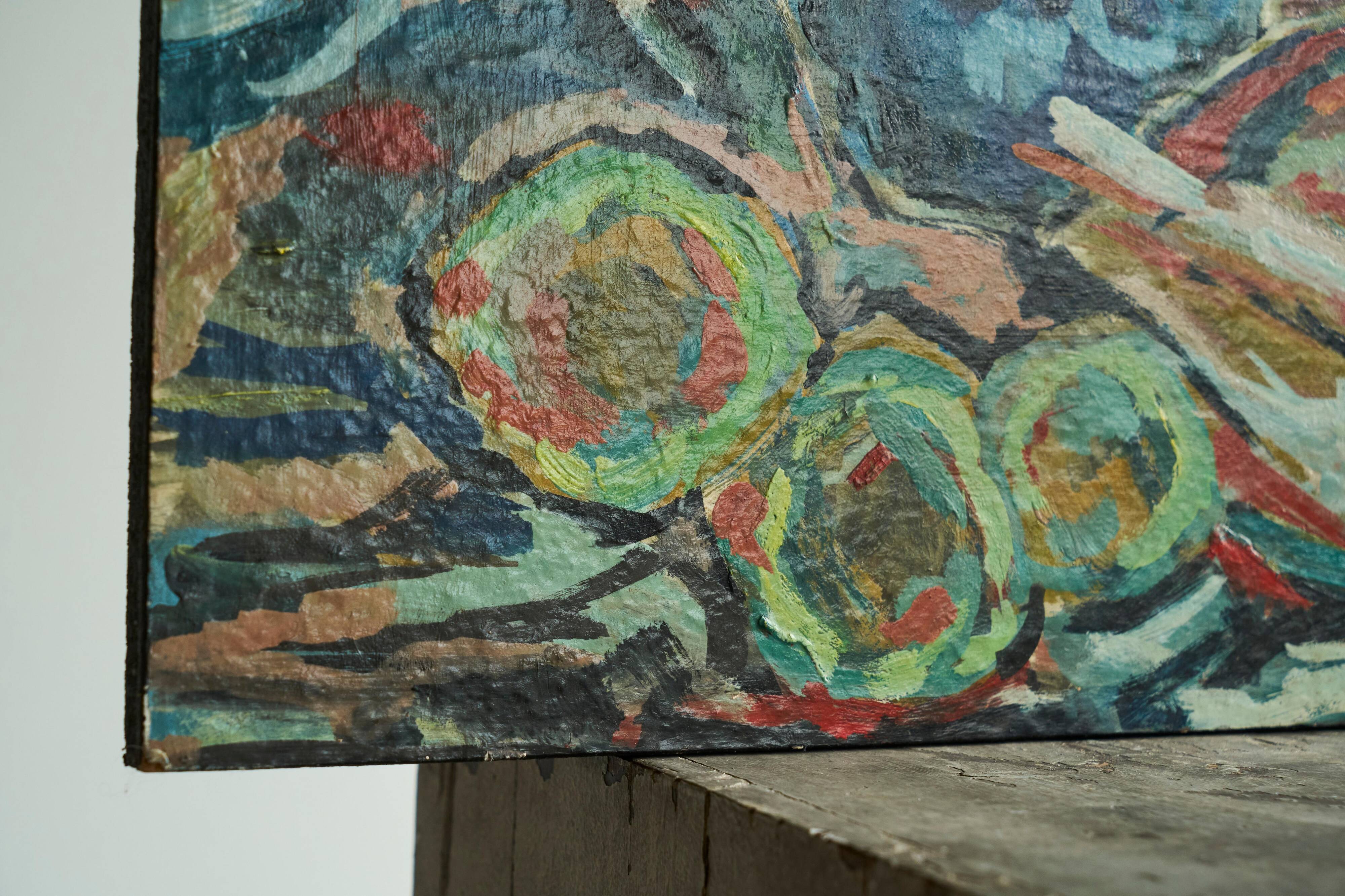 Scène de table moderniste, huile sur carton, années 1960