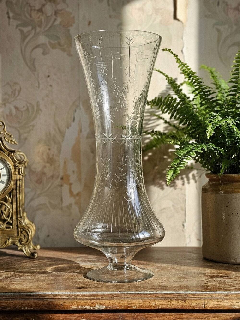Very large vintage engraved blown glass vase from the 2000s in an antique style