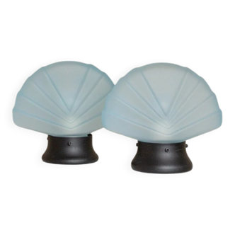 Set of 2 Murano glass shell lamps, light blue frosted shades, metal bases - vintage 1980s Italian Space Age design