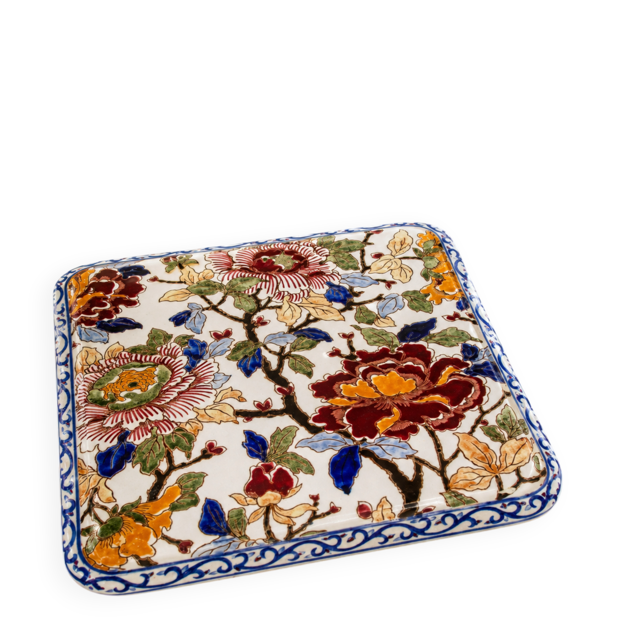 Square plate in Gien earthenware – Polychrome floral decoration