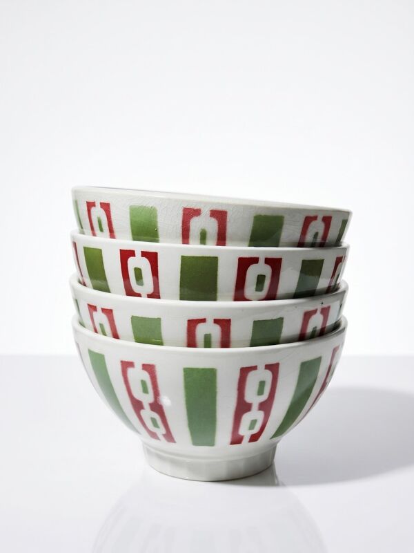 4 bols à café faïence de Badonviller décor Art Déco vintages années 1940-1950