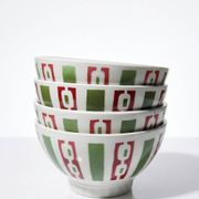 4 coffee bowls made of Badonviller earthenware, Art Deco decor from the vintage 1940s-1950s.
