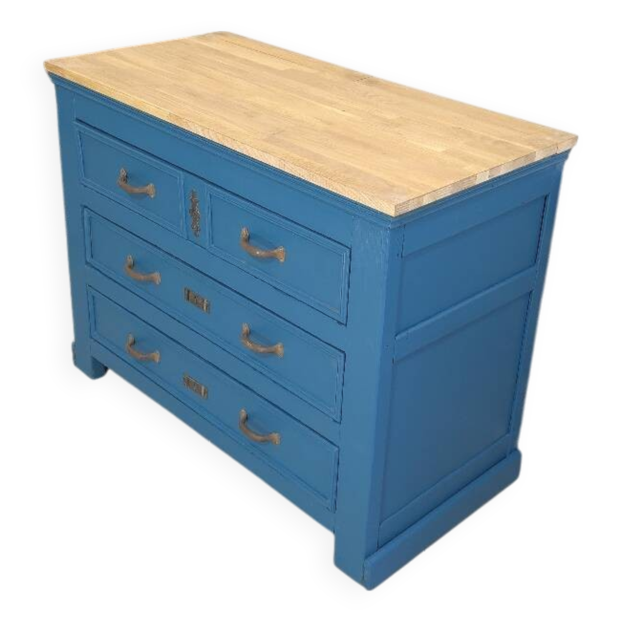 Commode ancienne bleue et dessus chêne