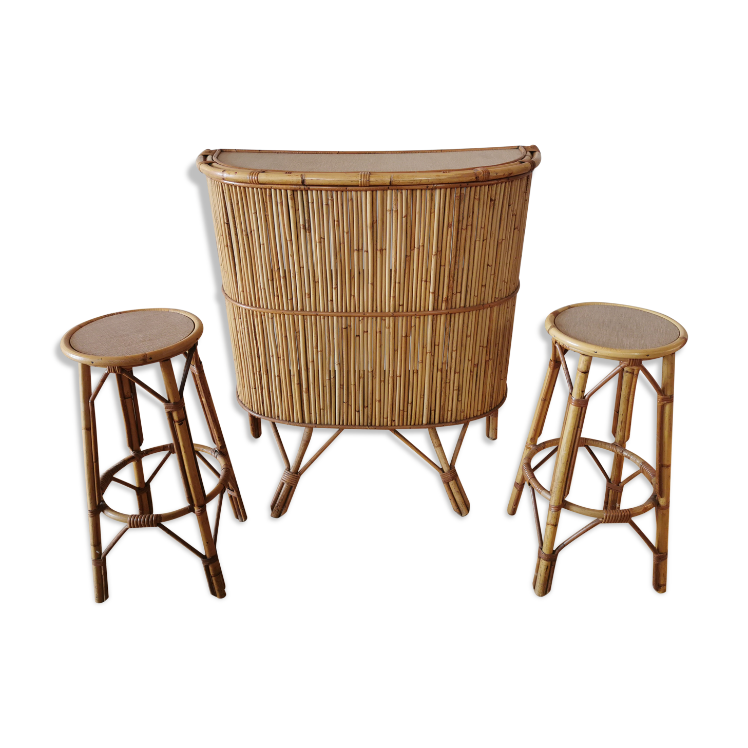 Bar et tabourets en rotin des années 50/60