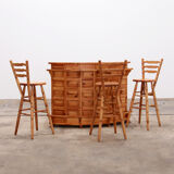 Brutalist mid-century wooden bar with 3 bar chairs, 1970s