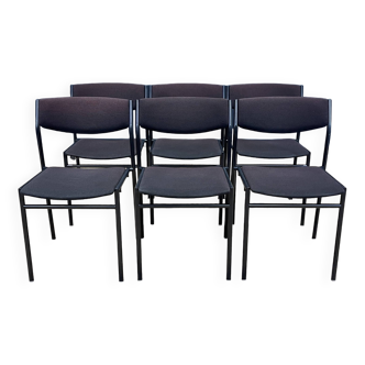 Ensemble de 6 chaises Gijs Van Der Sluis tissu aubergine pieds acier gris années 70 Pays Bas