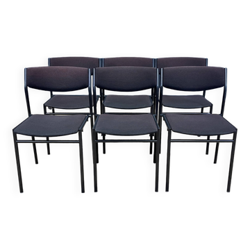 Set of 6 Gijs Van Der Sluis chairs in aubergine fabric with grey steel legs, 70s Netherlands