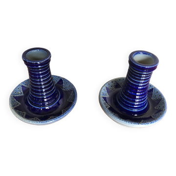 Pair of Bougeoirs BETSCHDORF Schmitter Ceramic Blue Vintage