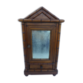 Jouet ancien meuble de poupée armoire à glace en bois, bambou , intérieur en toile de Jouy