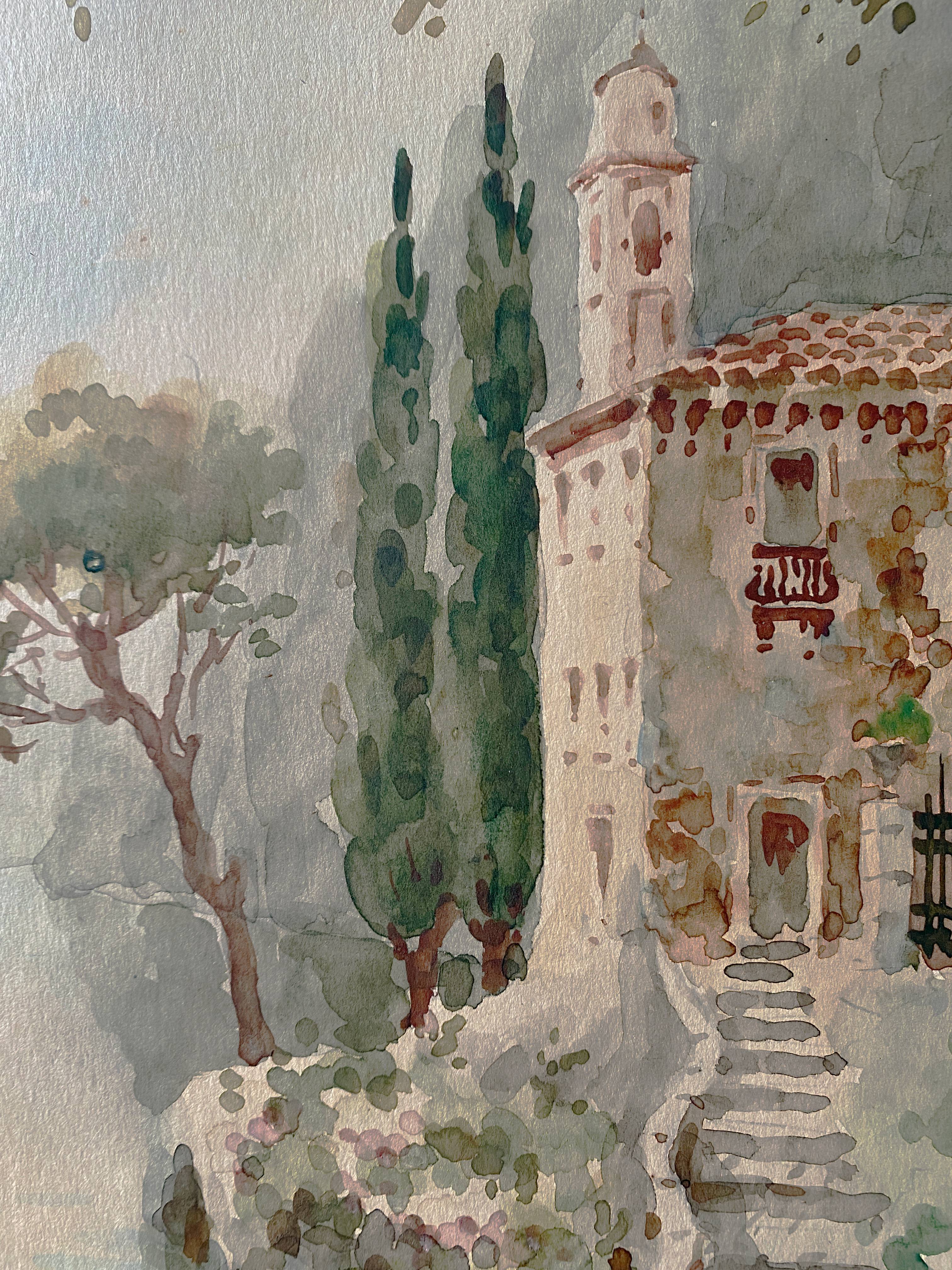 Watercolor painting "Monastery" Italy early XX ° by W. Scotty