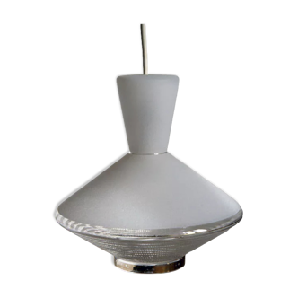 Lampe suspension Diabolo soucoupe en verre givré.