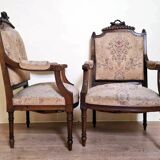 Pair of Louis XVI style queen-style armchairs in richly carved wood