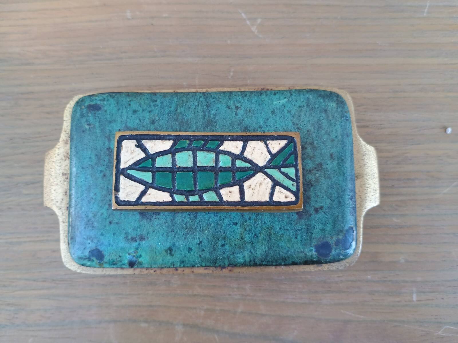 Vintage Judaica box BAYAGI Israel in brass enamel mosaic fish decor