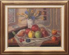 Original Swedish Oil on Canvas – 'Still Life with Vase and Fruits' by Christian Rhode – Signed – Vintage & Framed