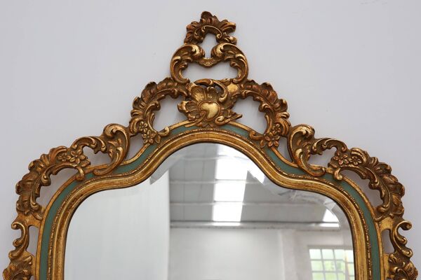 Miroir baroque belge doré de style Louis XV avec étiquette « Knitter-Duro Brevete »