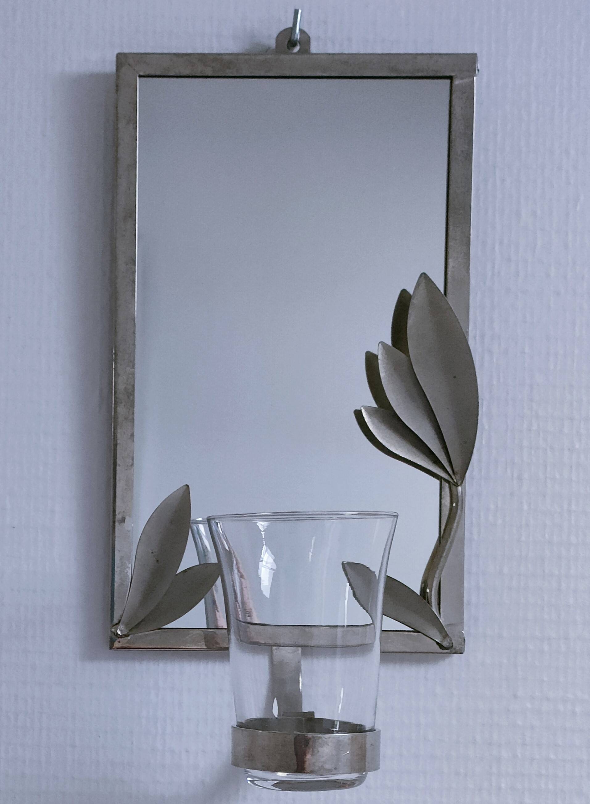 bougeoir métal argenté miroir décor feuillagé estampillé années 70