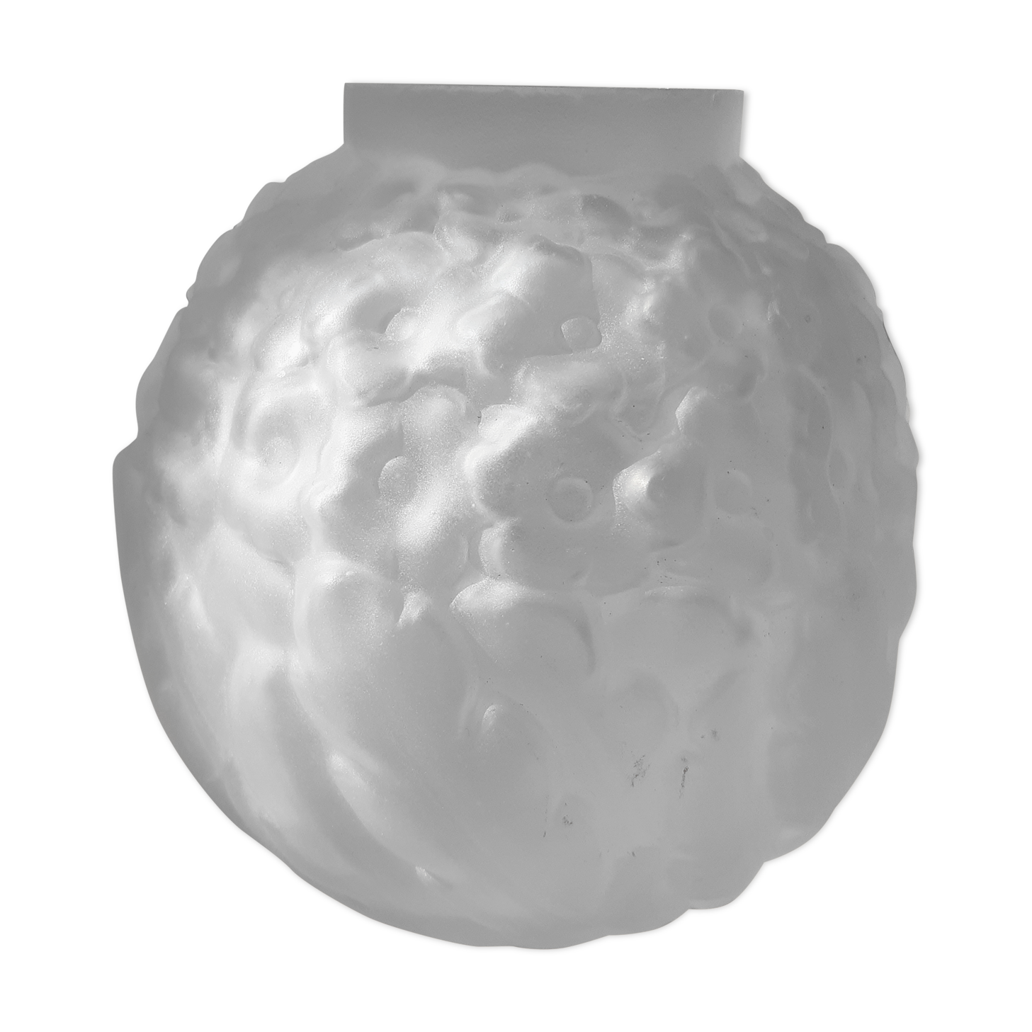 Round vase in opaque molded white glass patterns flowers