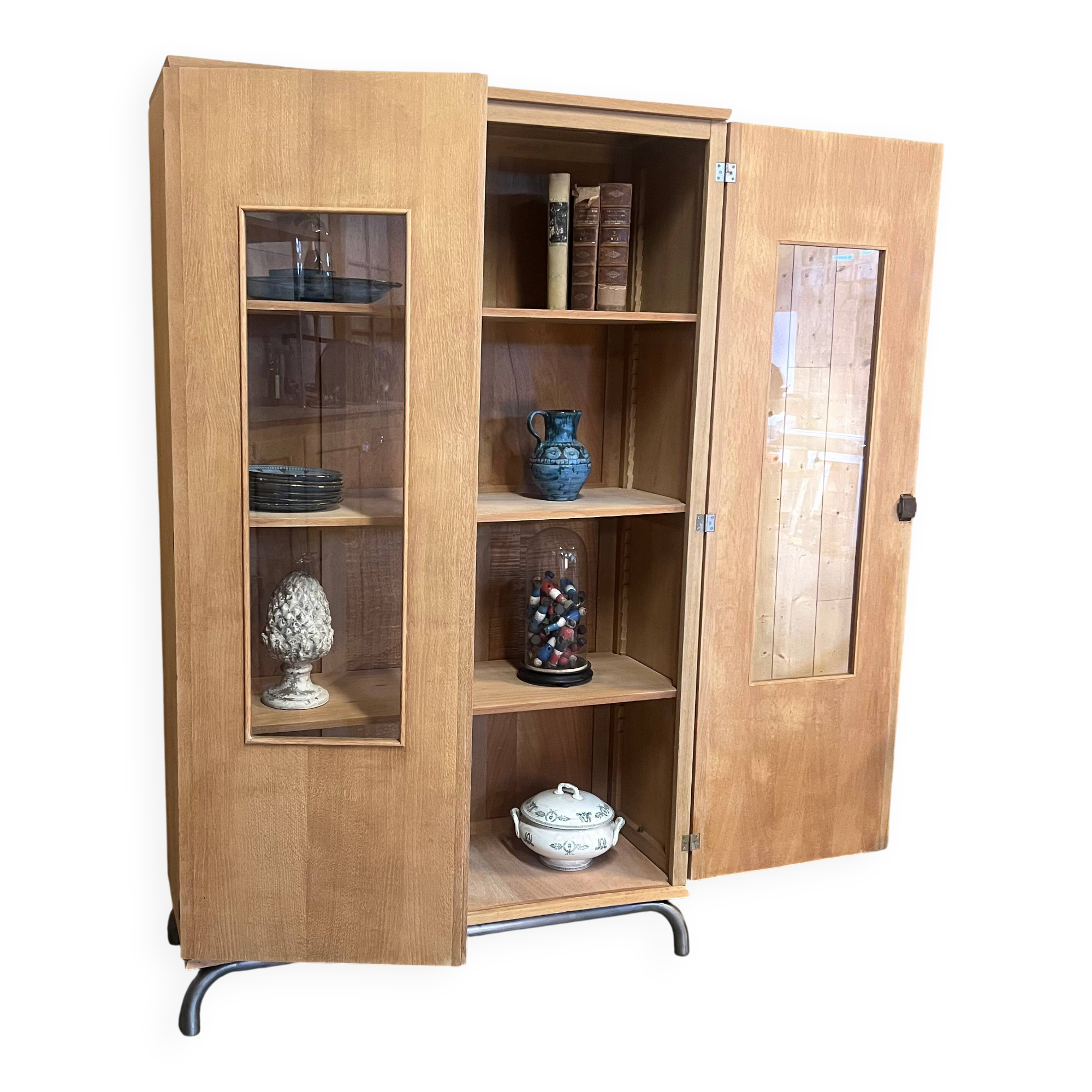 Glass-fronted school cabinet in raw oak